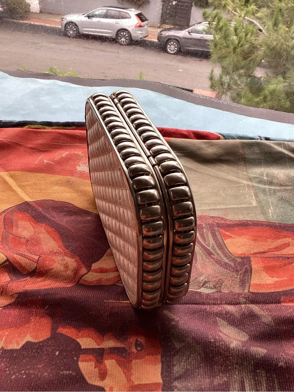 Silver metal & blush quilted sides cocktail purse